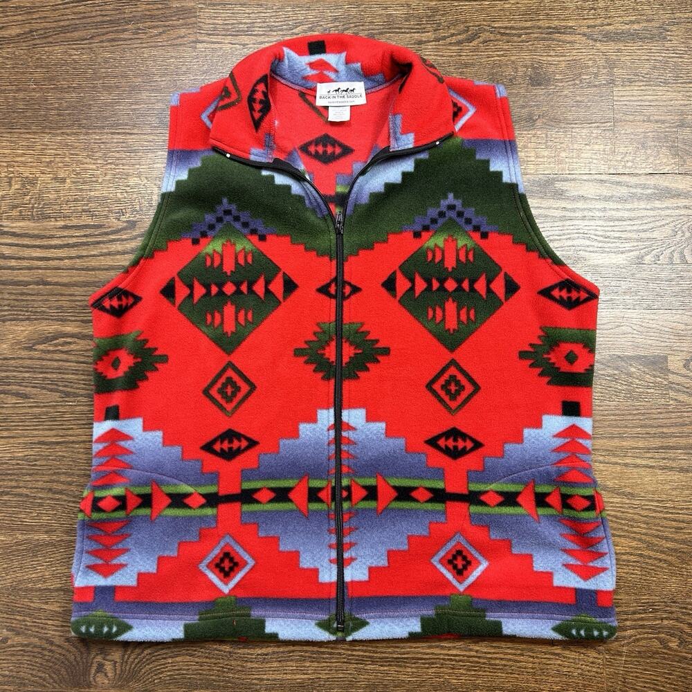 Back in the Saddle Vest Women Large Red Blue Green Aztec Fleece Full Zip Pockets
